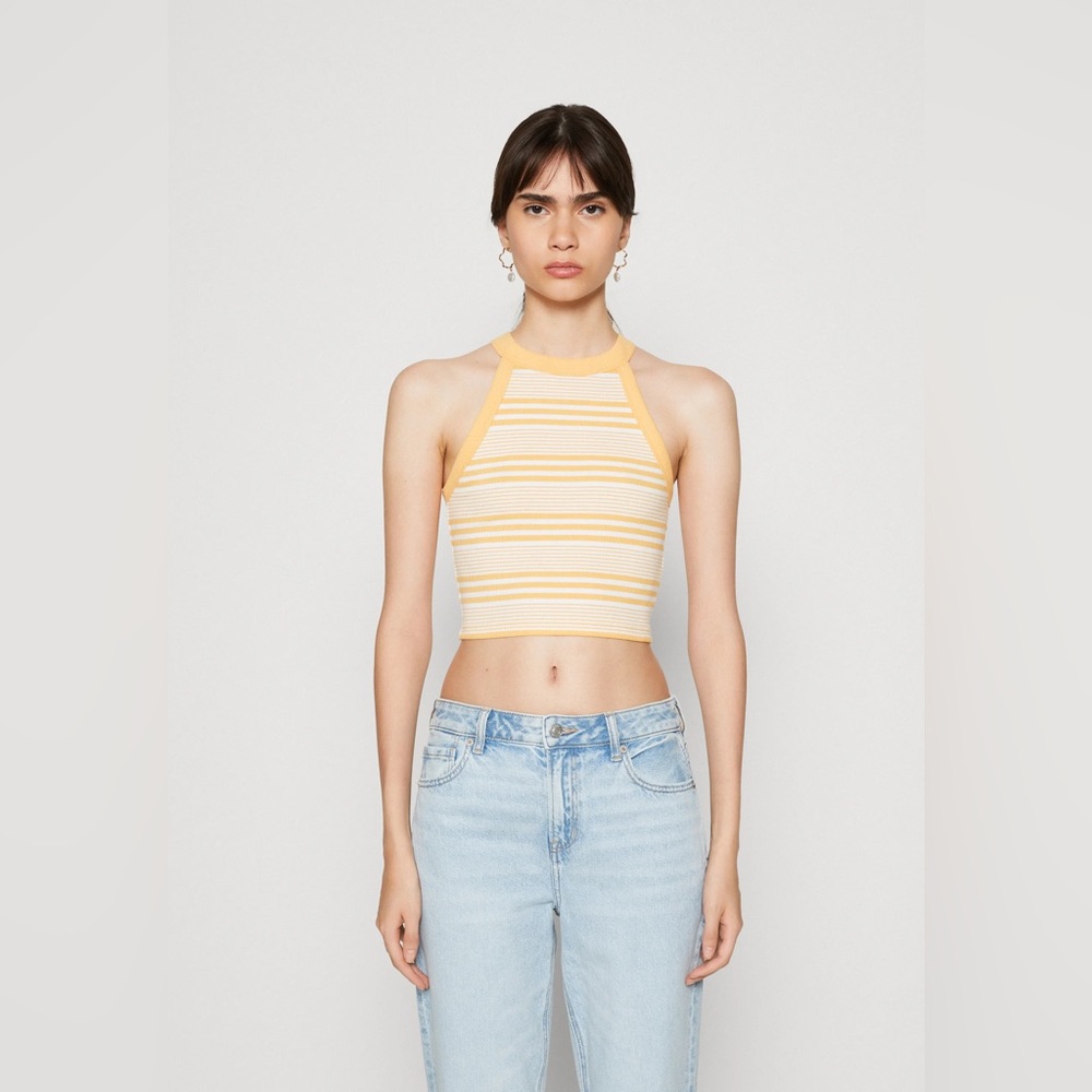 AE Yellow & white striped American Eagle cropped high neck tank top
